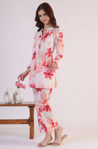 White Bold Floral Printed Pure Cotton Tunic and Straight Pants Co-ord Set - Image 3