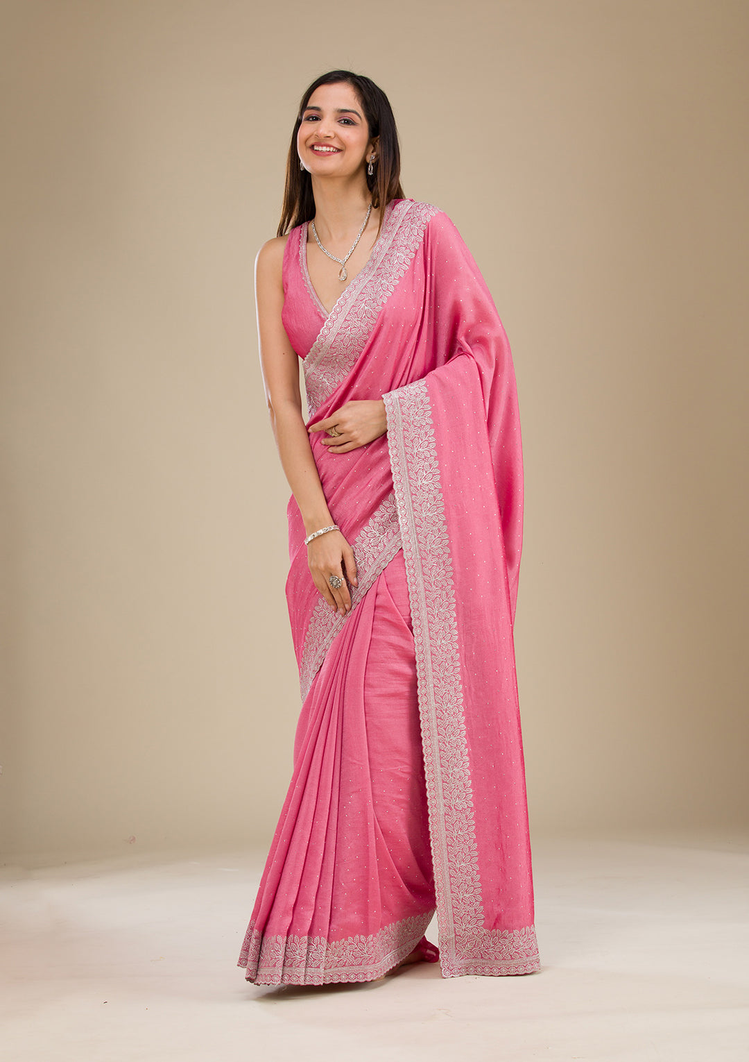 Onion Pink Zariwork Soft Silk Saree - Image 7